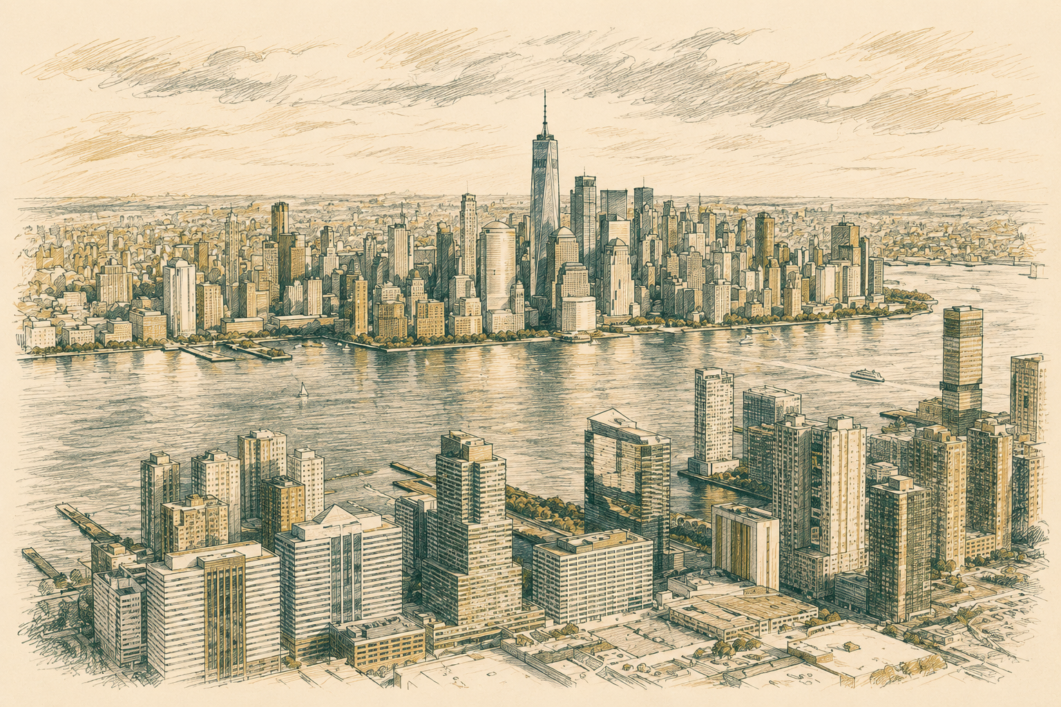 Pen-and-ink illustration of the Jersey City and Lower Manhattan skylines across the Hudson River, representing asset protection counsel for New Jersey and New York clients of The Sciandra Law Firm LLC