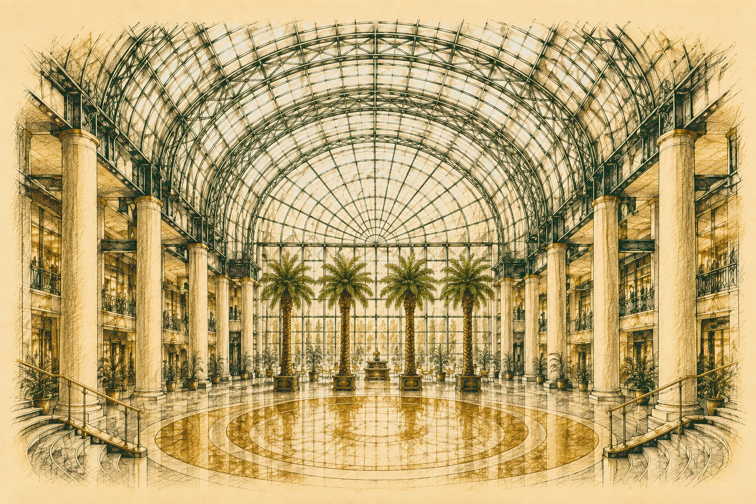 Pen-and-ink illustration of a glass-vaulted corporate atrium with palm trees and marble columns, representing business law and commercial counsel for New Jersey and New York companies at The Sciandra Law Firm LLC