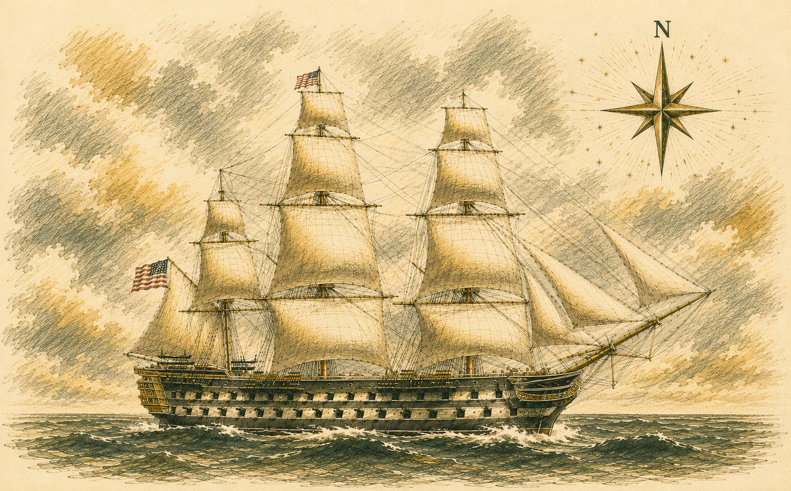 Pen-and-ink illustration of a tall ship under full sail beside a compass rose, representing steady counsel and clear direction through civil litigation with The Sciandra Law Firm LLC in Holmdel, New Jersey