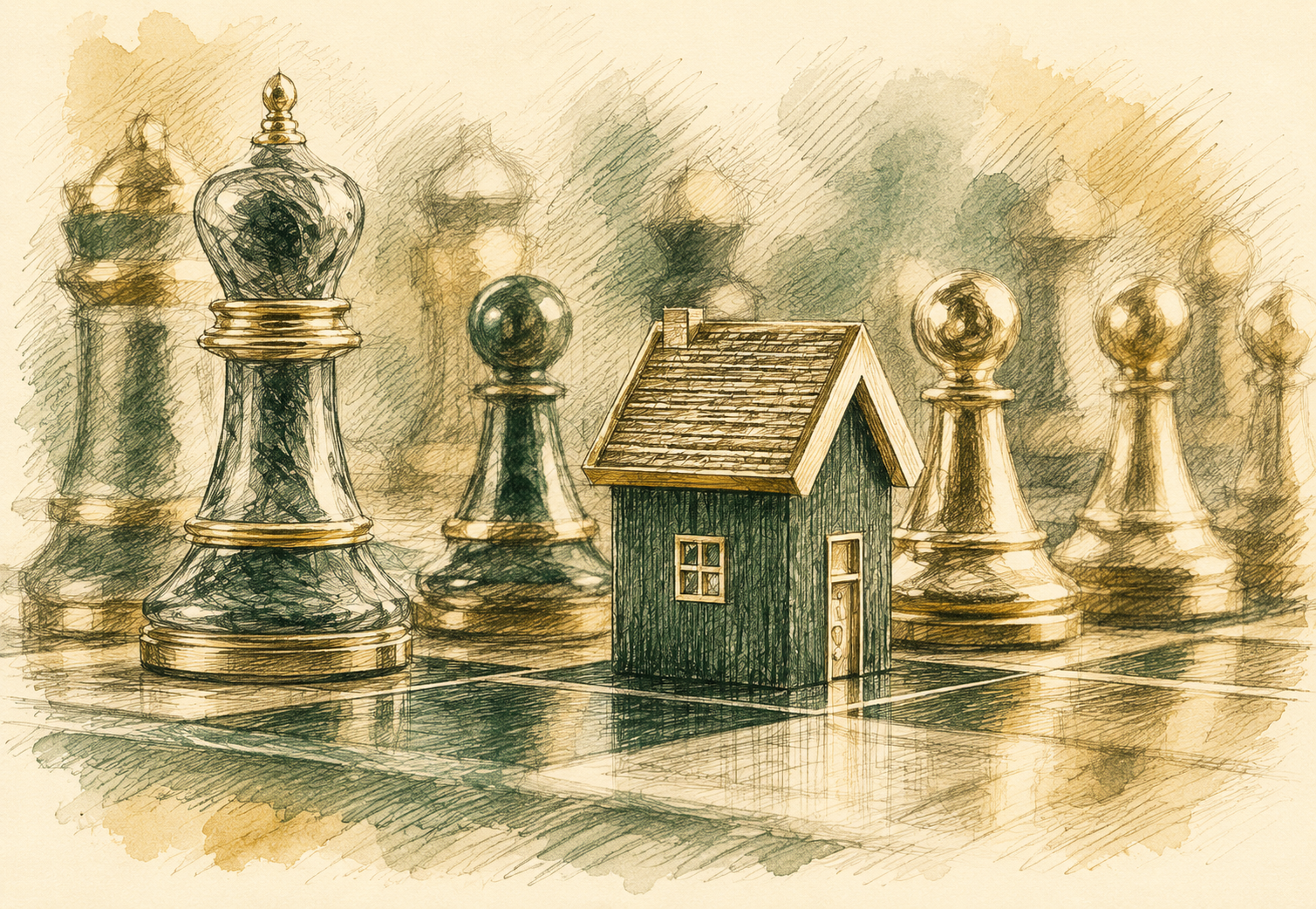 Illustration of a small green house standing among gold and green chess pieces on a board, representing strategic landlord–tenant dispute resolution by The Sciandra Law Firm LLC in Holmdel, New Jersey