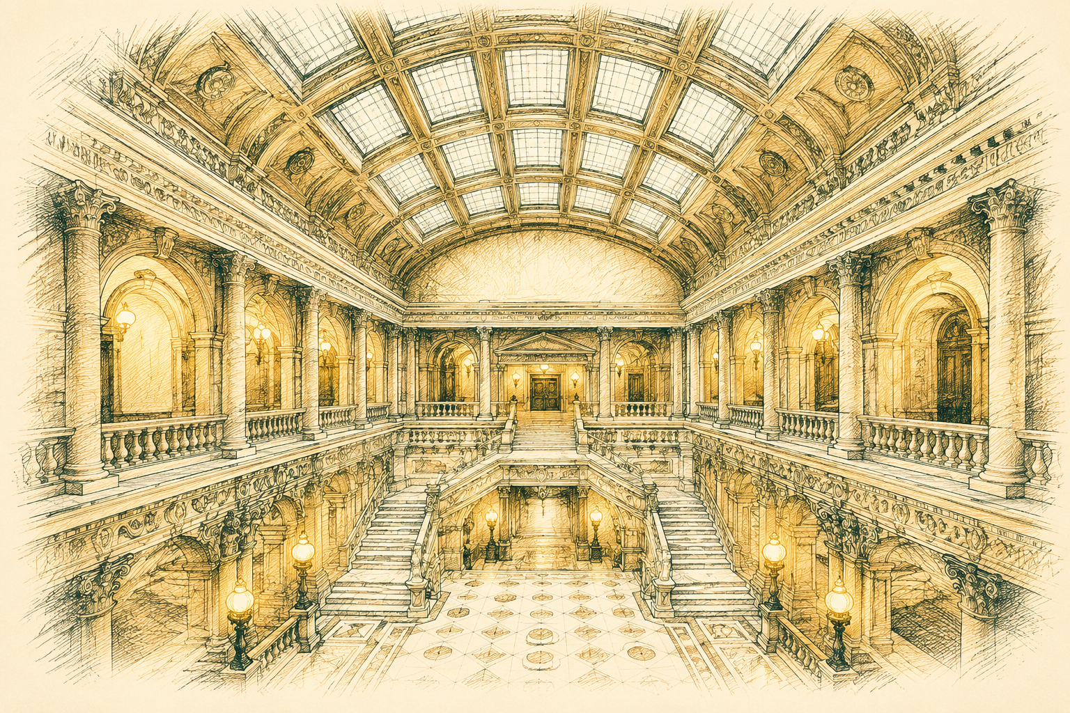 Pen-and-ink illustration of a grand county courthouse rotunda with marble staircases, representing New Jersey Surrogate’s Court probate and estate administration handled by The Sciandra Law Firm LLC