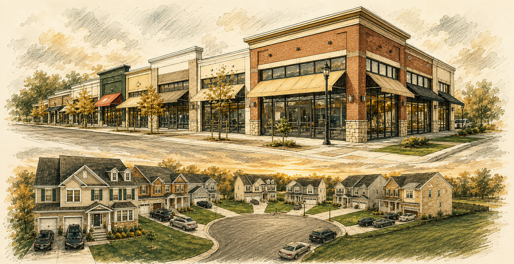 Illustration of a New Jersey commercial retail strip above a residential neighborhood of single-family homes, representing the commercial and residential real estate practice of The Sciandra Law Firm LLC in Holmdel, NJ